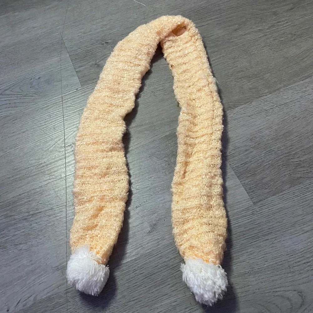 Knit Beanie Kids One Size Peach Cream Ear Flap Pom Pom Winter Hat